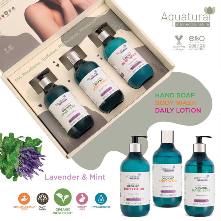 Aquatural Organic Three Piece Gift Set Lavender & Mint Body Wash Lotion & Hand Soap 16.9 FL Oz Eco Certified Natural Skincare Routine for wholesale by Turgiene