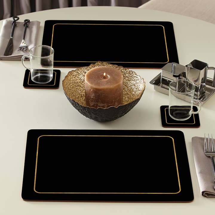 Black w/Gold Trim 4-Boxed Hardboard Cork Backed Placemats for wholesale by Conimar Promotions