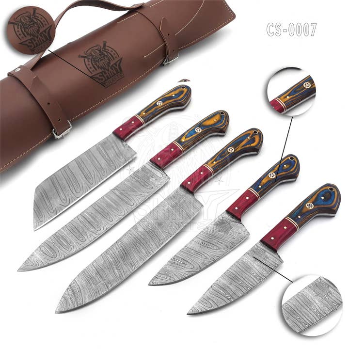 Handmade Damascus Kitchen Knife Set with wood handle and Damascus Steel Blade, Chef’s Knives set with Leather Pouch Roll and High Tempered Razor-Sharp Blade (CS-07) for wholesale by SHINY CRAFTS