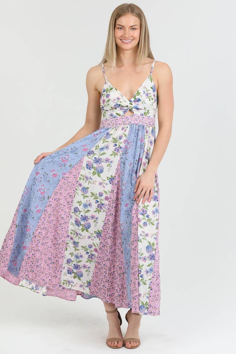 ANGIE - Wholesale Dress - Women's - C4C46-WA78-WA79 MIXED PRINT GODET MAXI DRESS WITH TWIST FRON6