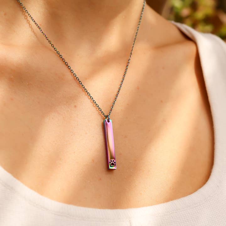 WJW - Wholesale Pendant/Charm Necklace - Paw Print Cutout Vertical Stainless Steel Bar Necklace2