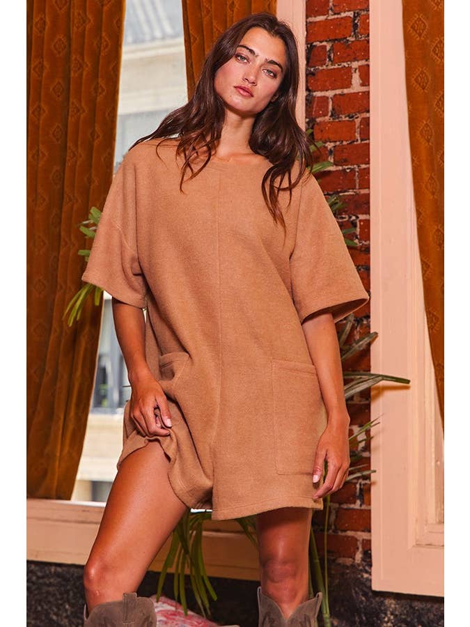 BUCKETLIST - Wholesale Romper - Women's - R5388E V-back Oversized Solid Double Brushed Romper