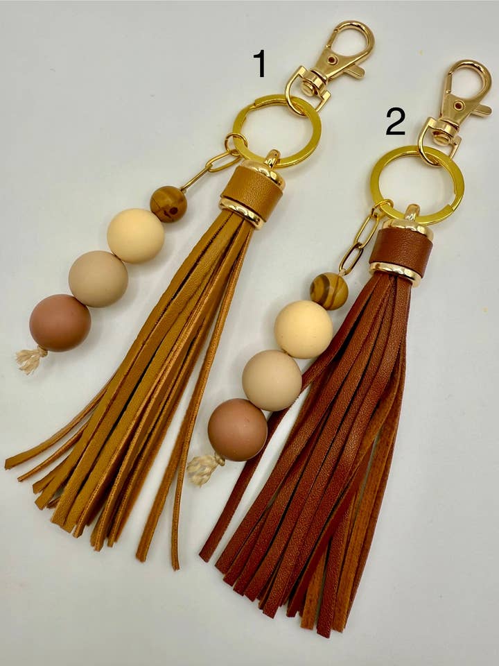 Light Brown Tassel Silicone Beaded Wood Jasper Keychain (1) for wholesale by Ahimsa Gems