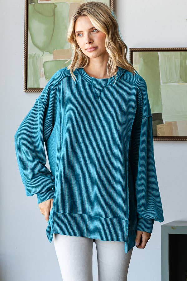 7th Ray - Wholesale Tunic - Women's - [PLUS SIZE]Rib VStitch Drop Shoulder Long Sleeve Top T5668XL8