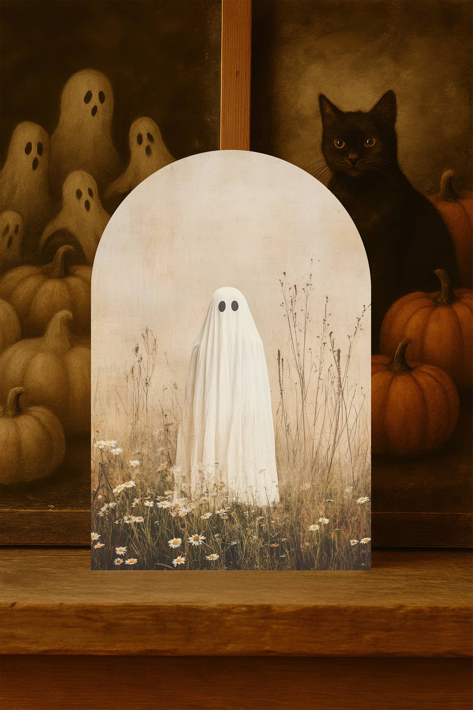 The 19th Collective - Wholesale Sign - Ghost in the Wildflowers Arch Sign – Neutral Halloween Shelf