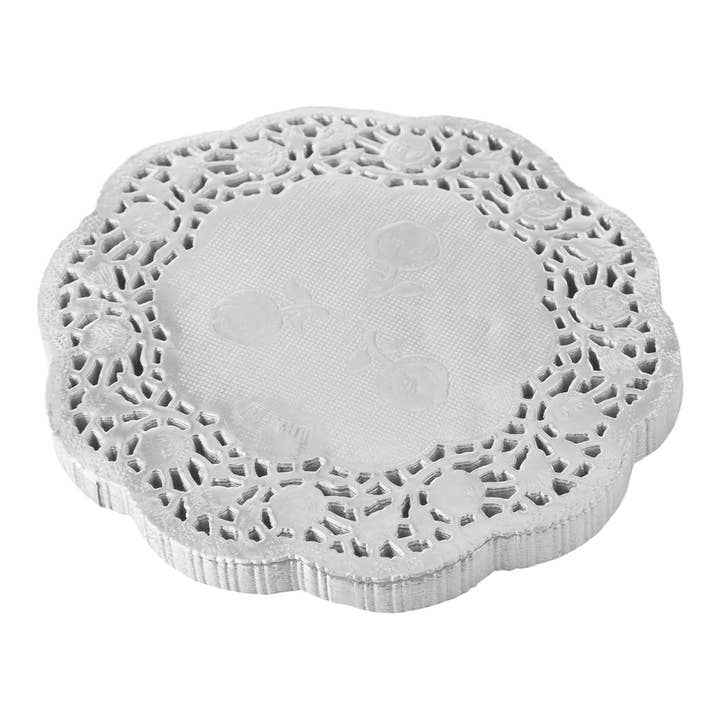 Round Lace Metallic Paper Doilies 10" - Set of 100 - Silver for wholesale on Faire