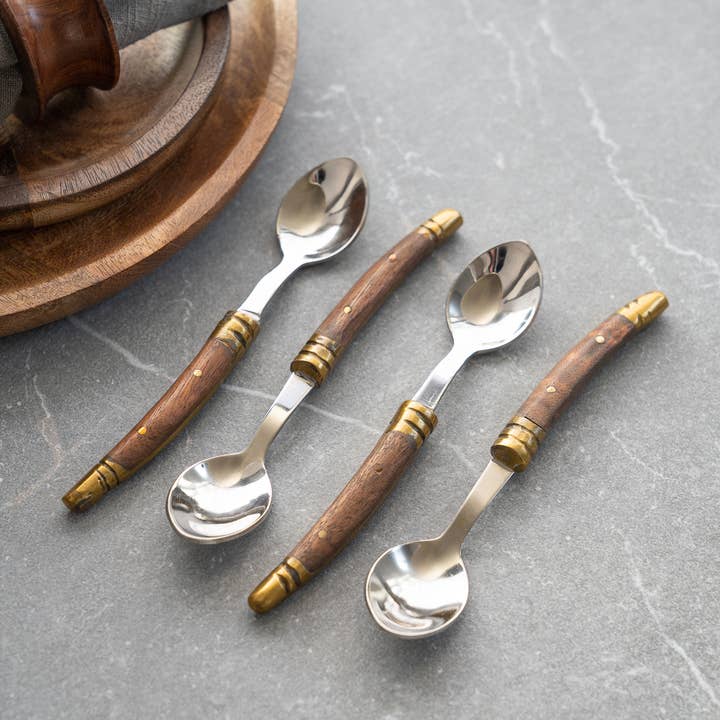 India Handicrafts Inc - Venta al por mayor Cucharas de mesa - Juego de 4 cucharas de café Driftwood & Gold