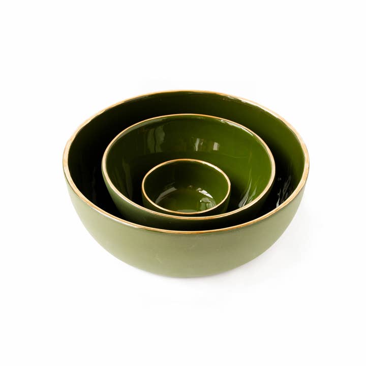 Creating Comfort Lab – wholesale Serveringsskål – Handgjord porslinssallad serveringsskål med guldkant. Grön3