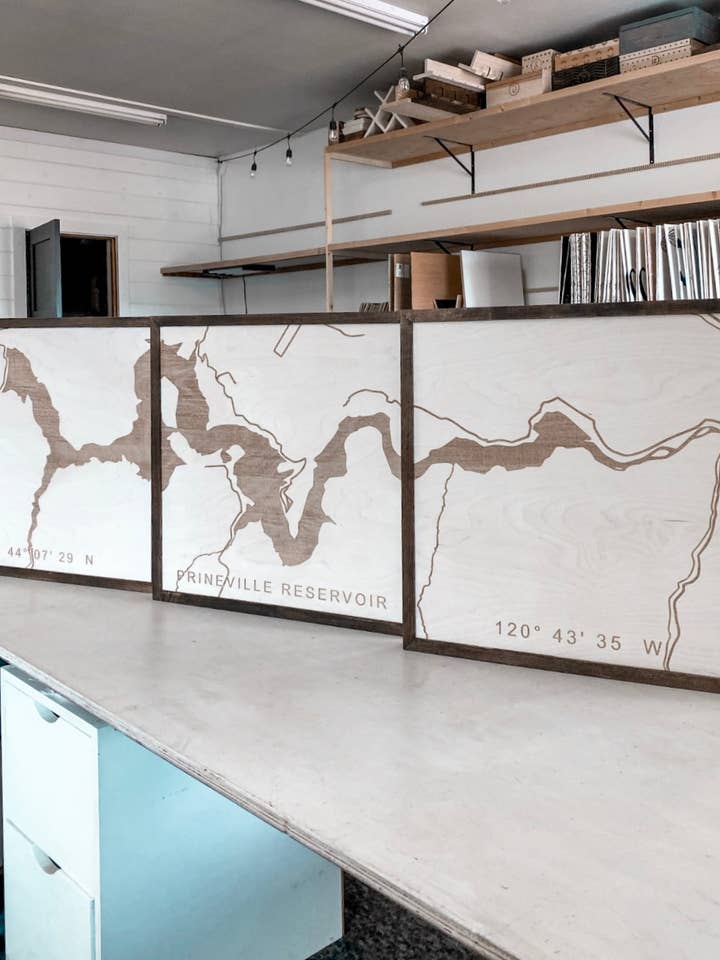 Prineville Reservoir Oregon Engraved Wooden Artwork Set for wholesale by Birch and Home Handmade