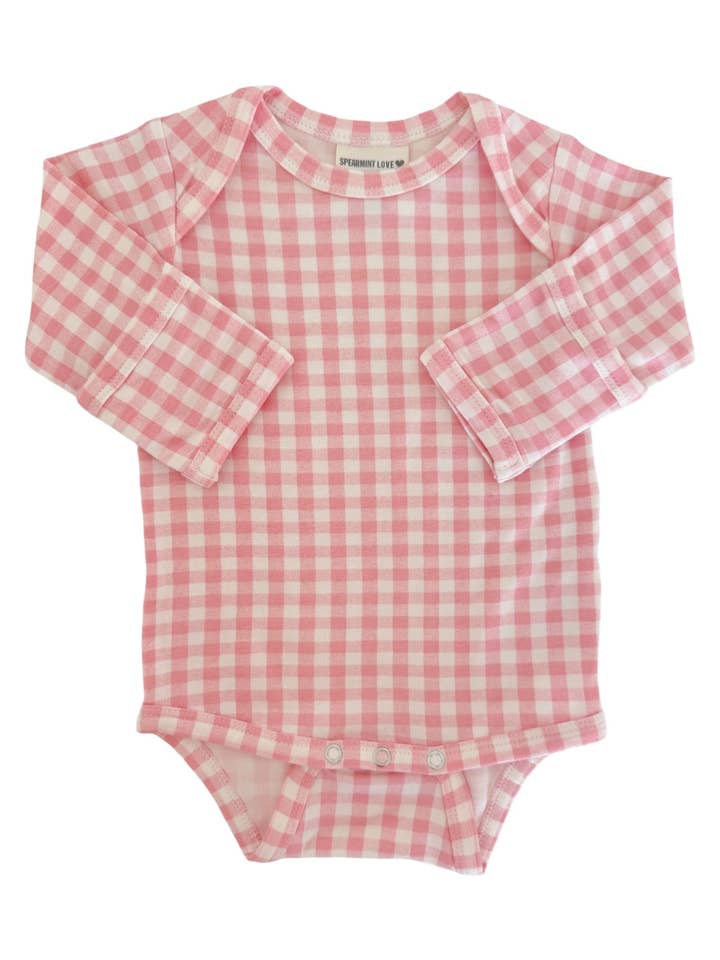 Lange mouwen romper, roze gingham voor wholesale door SpearmintLOVE