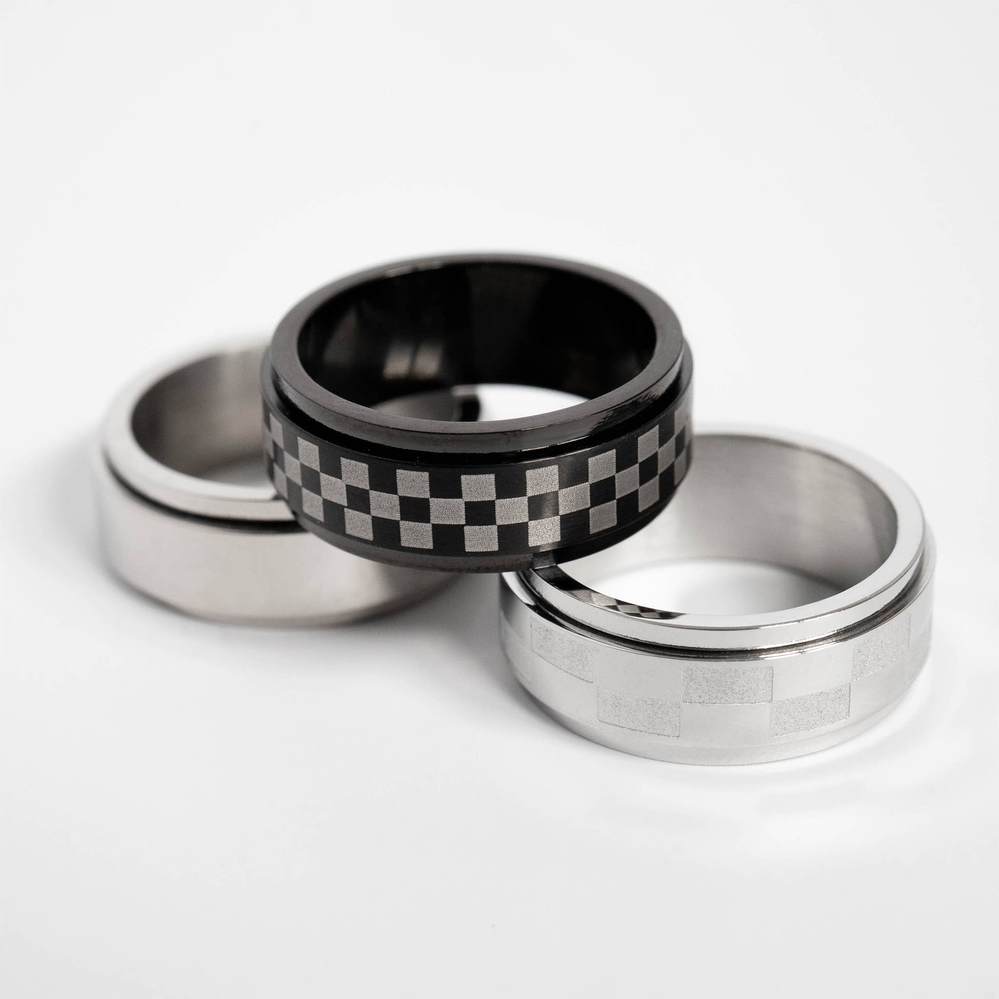 WJW - Wholesale Band/Stacked Ring - Black Checker Stainless Steel Spinner Ring8
