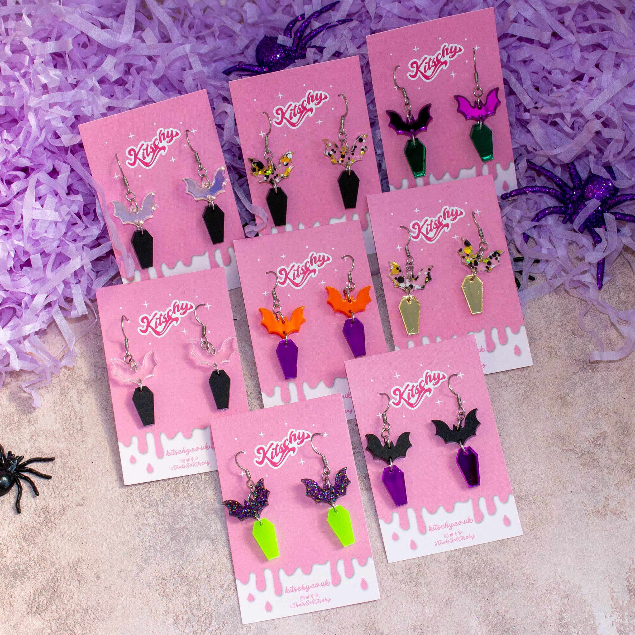 Kitschy - Wholesale Dangle Earrings - Coffin Bat Earrings Halloween Laser Cut Acrylic7