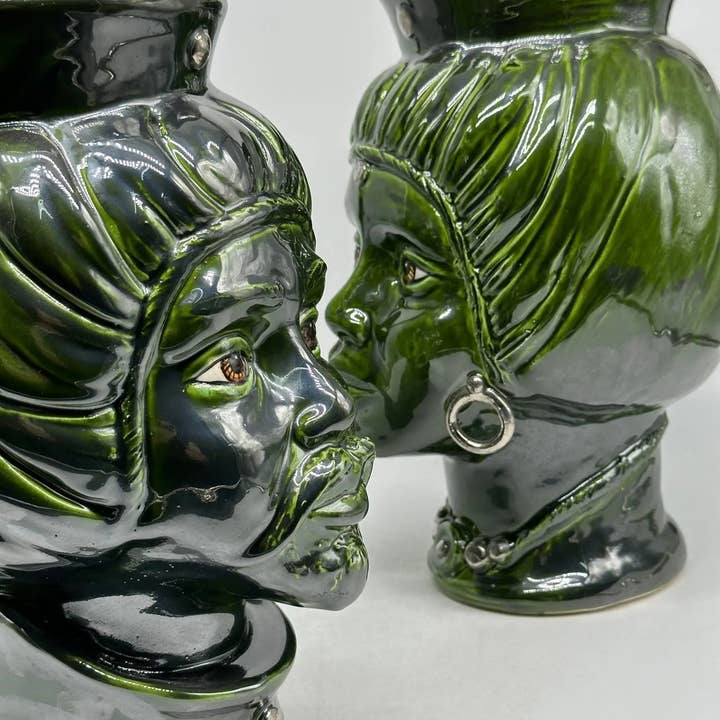 DD Ceramiche Siciliane - Vendita all'ingrosso Statuette decorative - Teste di Moro Mediterraneo Ceramica Caltagirone cm H.29 L.22 Artigianale Verde Platino8