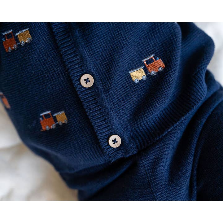 Navy Blue Train Embroidered Button Cardigan Baby Sweater (Organic) for wholesale on Faire