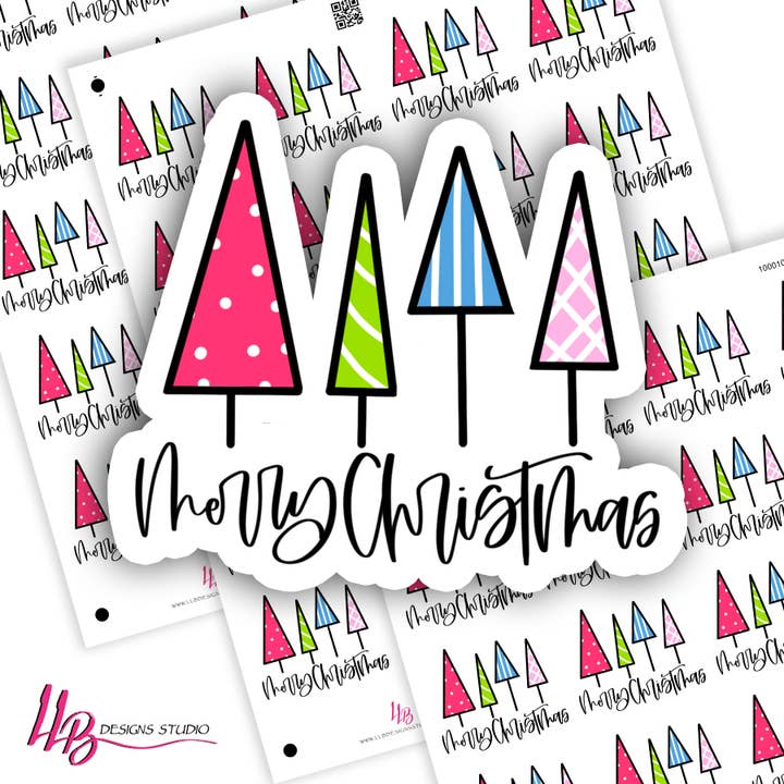 Sapin coloré Joyeux Noël - Image de marque d'entreprise, autocollants pour petites boutiques, numéro d'autocollant : S0654, prêt à être expédié pour la vente par LLB Designs Studio