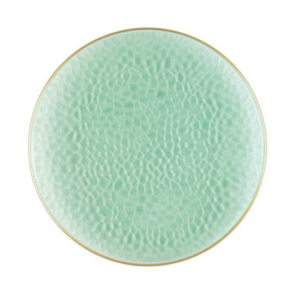 Green and Gold Round Hammered Plastic Plates - Organic Hammered for wholesale by Posh Setting