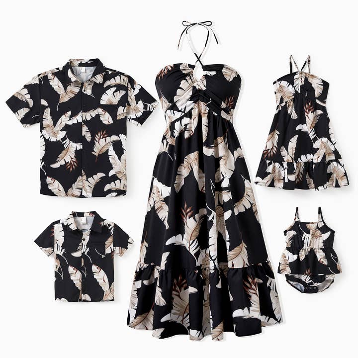 Family Matching Leaf Print Black Short-sleeve Shirt or Dress for wholesale by PatPat
