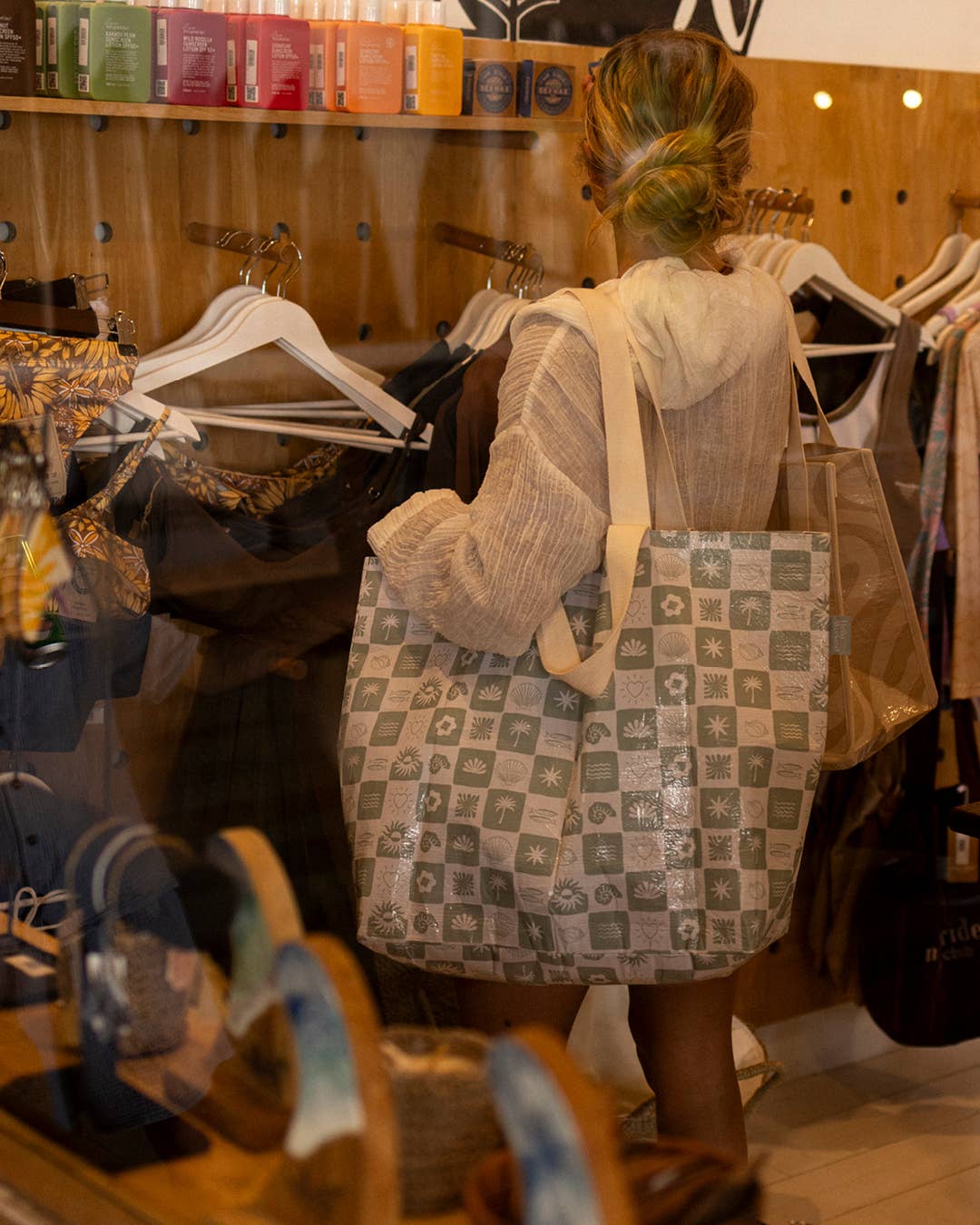 Hello Weekend - Vendita all'ingrosso Borsa tote - Donna - Borsa da weekend con tasca - Verde Salvia Neutro a Quadri11