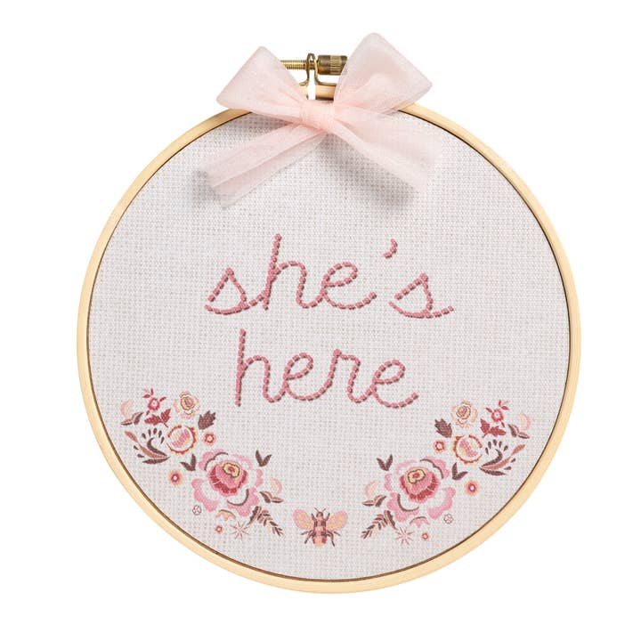 Milestone Props, She's Here, Baby Girl Newborn Photo Props for wholesale by Kate & Milo