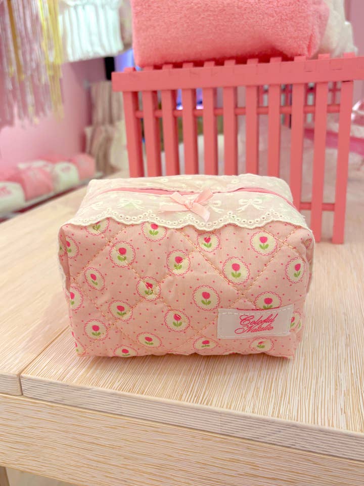 Pink Tulip Bows Makeup Bag for wholesale by Colorful Natalie