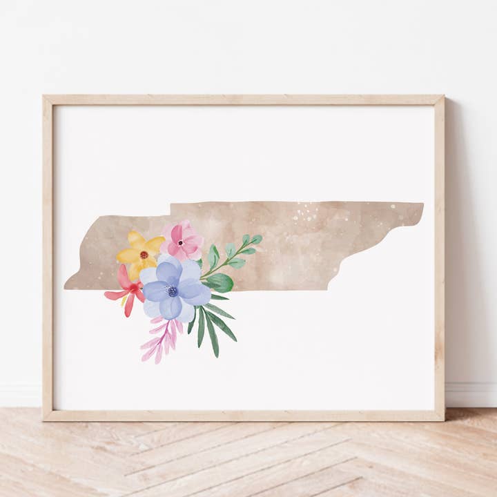 Impressão artística com silhueta floral do Tennessee por atacado de Backstory Map Co.