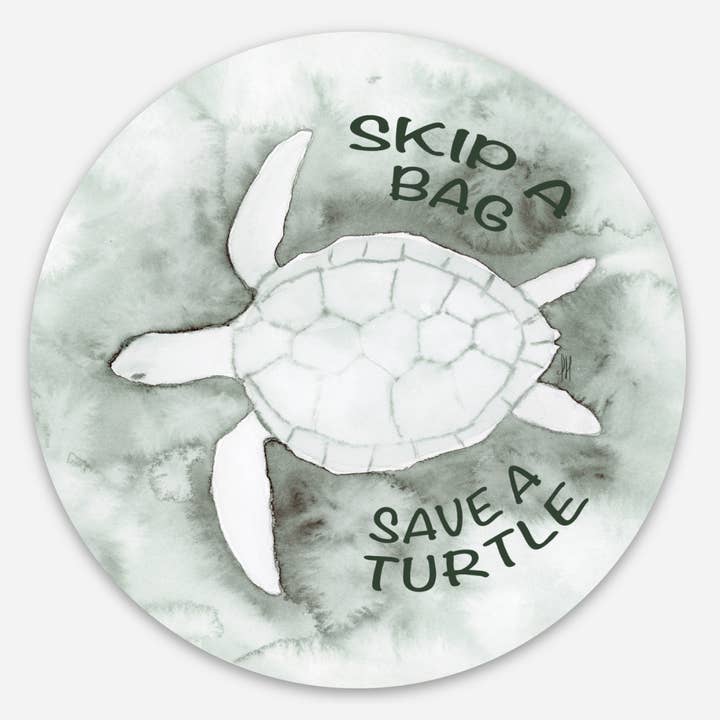 Skip A Bag Save A Turtle - Round Vinyl Sticker for wholesale by Isabelle Hughes Art