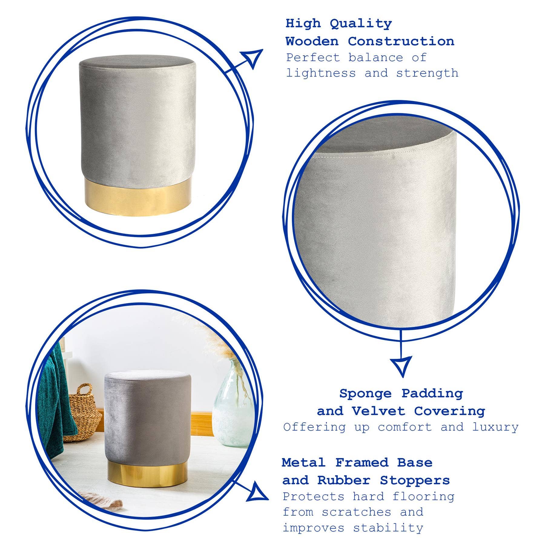 Rinkit Ltd – Großhandel Hocker – Runder samtbezogener Hocker als Fußbank – 29 cm Durchmesser x 36 cm Höhe – von Harbour Housewares10