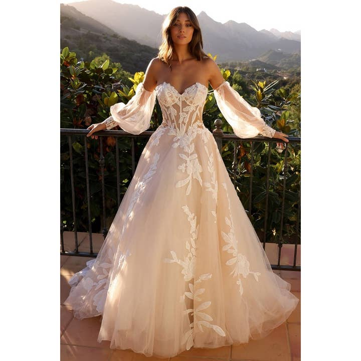 Vestido de novia línea A con mangas acampanadas transparentes y escote corazón para venta al por mayor de Babyfox Apparel