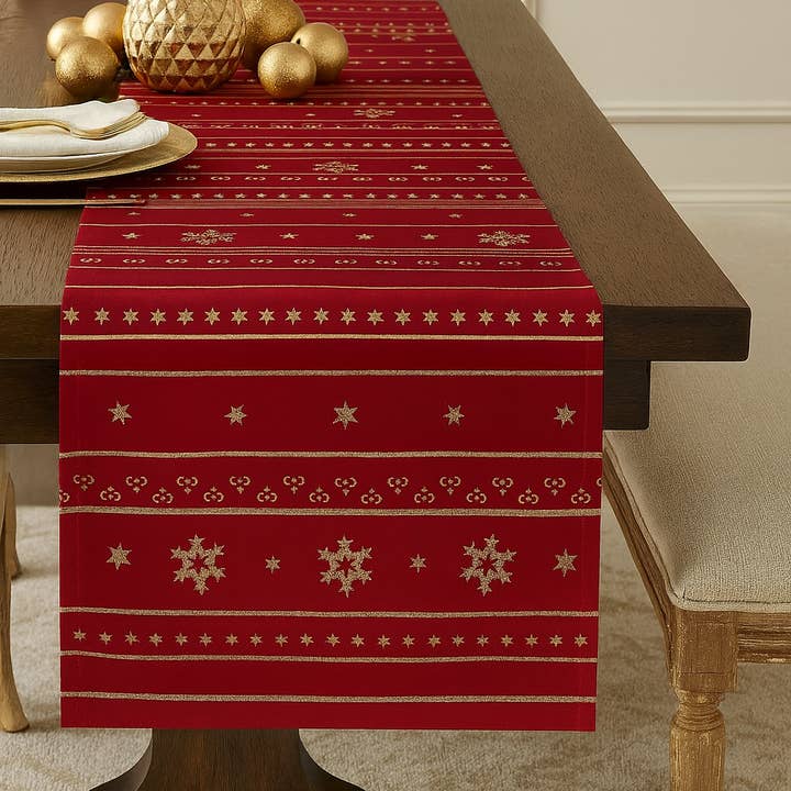 Metallic Gold Burgundy Table Runner for wholesale by Fennco Styles