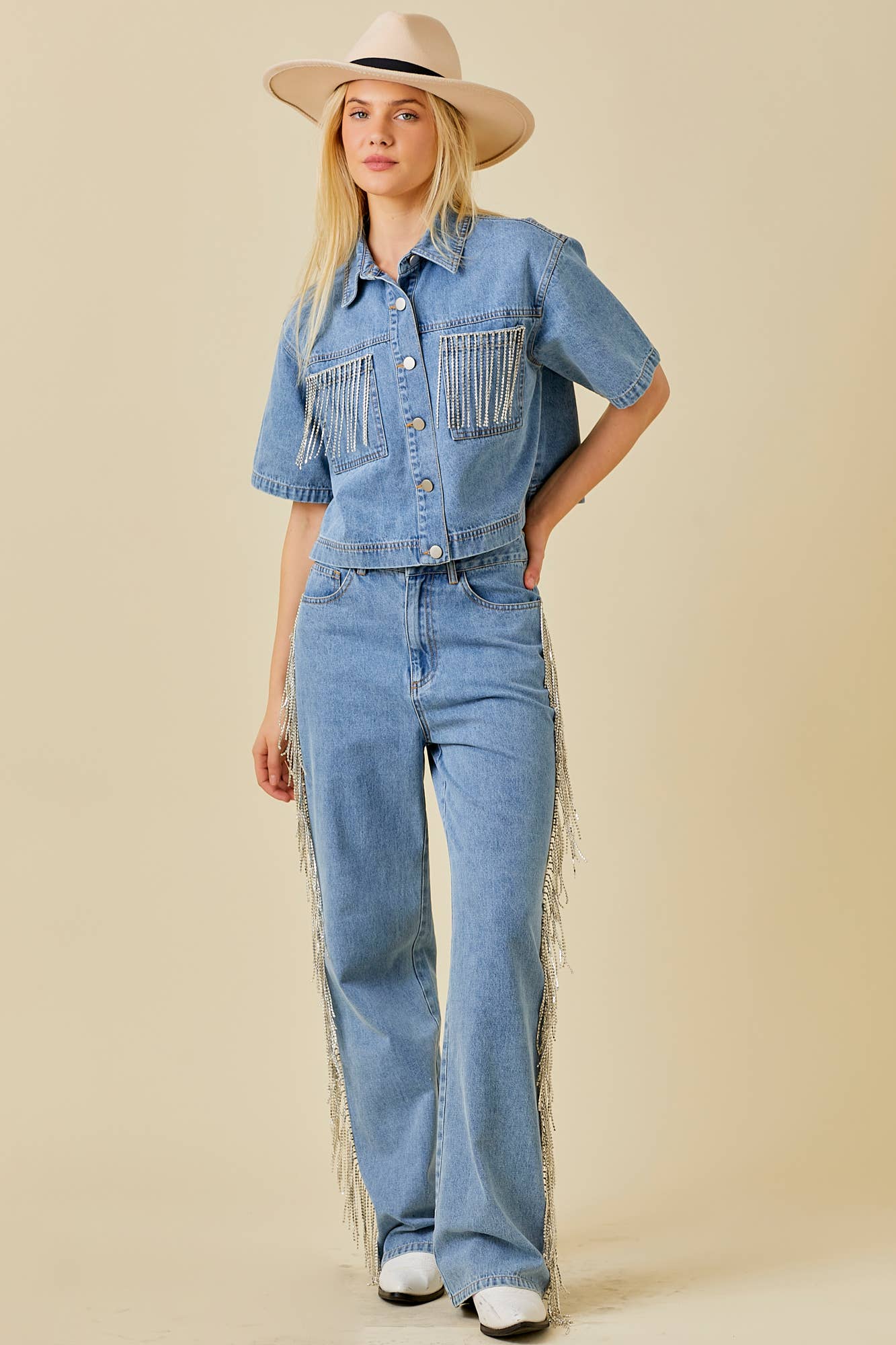 Side And Back Rhinestone Fringe Trim Denim Pants for wholesale on Faire7