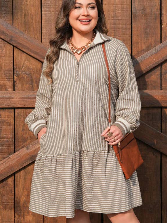 Khaki Stripe Zip up Collared Puff Sleeve Ruffled Plus Size Mini Dress for wholesale by Sweet Lover Fashion