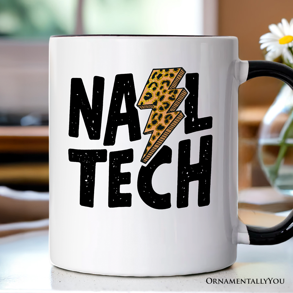 White Black Handle Nail Tech Leopard Lightning Personalized Mug, Retro Stylist  for wholesale on Faire2