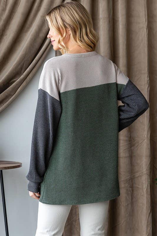 HEIMISH - Wholesale Knit Top - Women's - ET7662-10 LONG PUFF SLEEVE URBAN RIBBED COLOR BLOCK TOP5