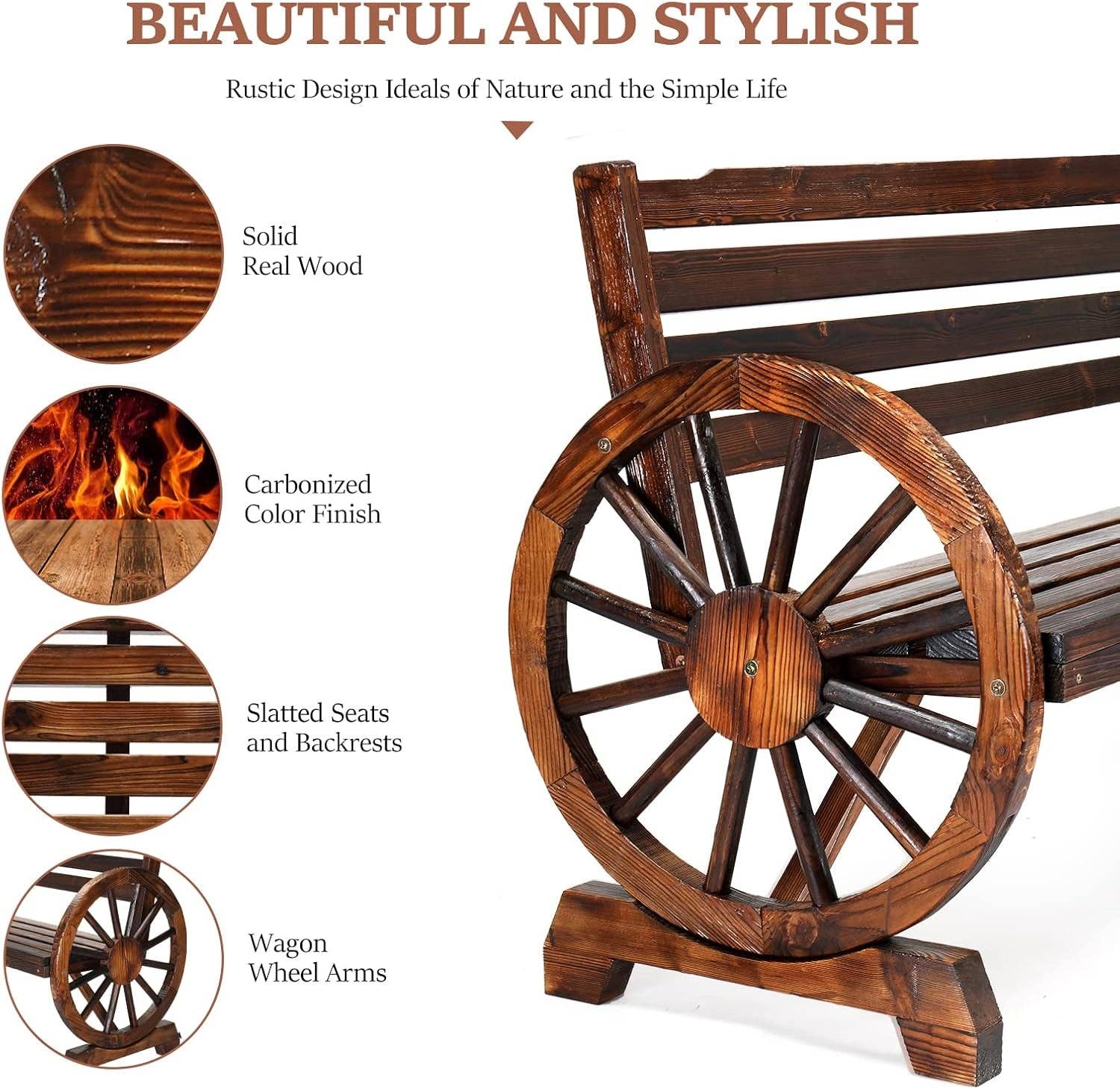 Rustic Wooden Garden Bench with Wagon Wheel Arms for wholesale on Faire3