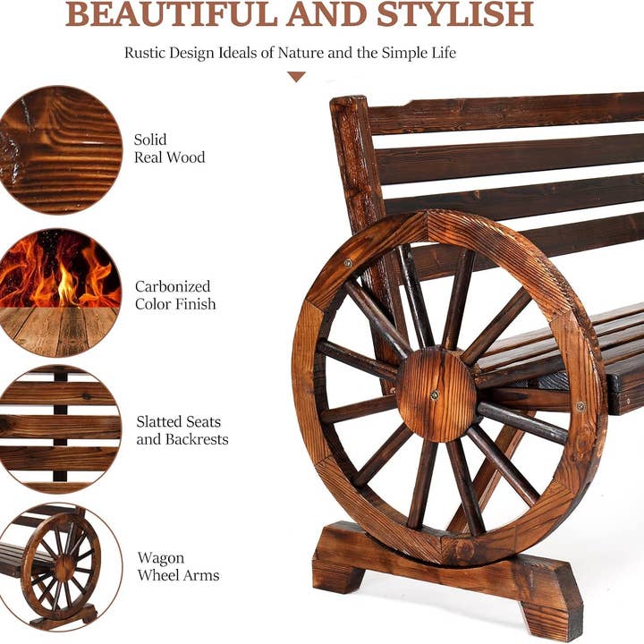 Rustic Wooden Garden Bench with Wagon Wheel Arms for wholesale on Faire3