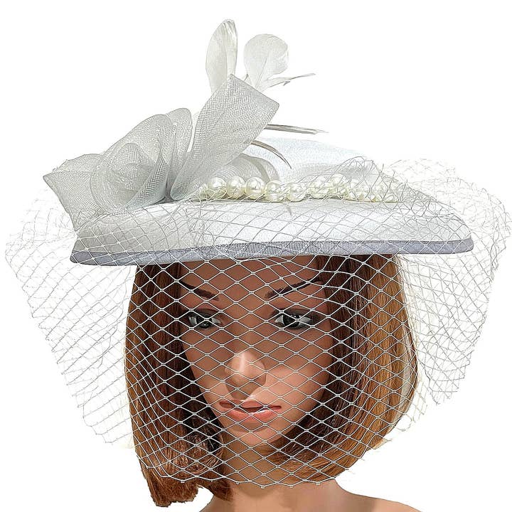 Diacly - Wholesale Fascinator Hat - Women's - Front Veil Bold Pearls Satin Fascinator Hat3