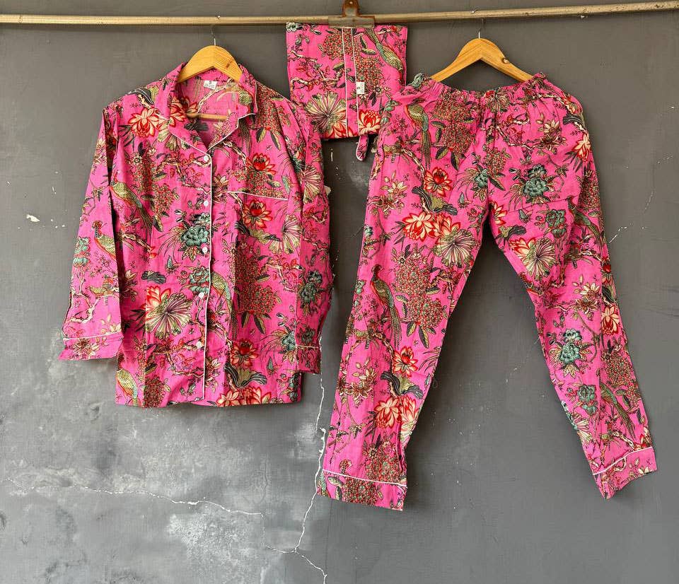 bhavnas boutique - Vendita all'ingrosso Completo pigiama - Donna - Set Pigiama in Cotone con Stampa di Uccelli per Donna Pantaloni e Camicia