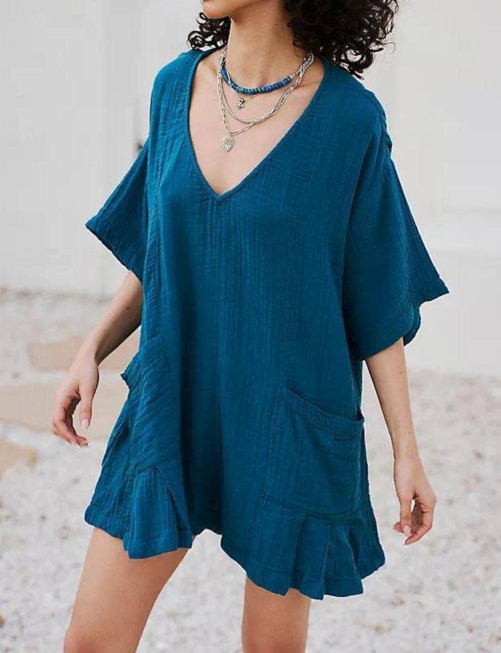 Sweetkama - Wholesale Romper - Women's - Flouncy Shapeless V-Neck Draped Sleeves Romper SKJ18121