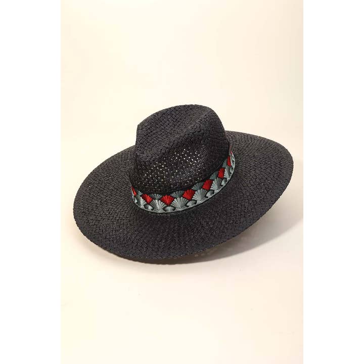 Fan Pattern Strap Straw Fedora Hat for wholesale by Anarchy Street