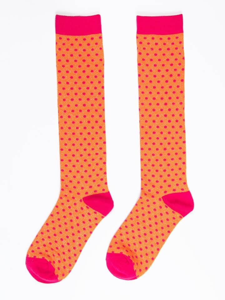 Sock Talk - Wholesale Sokken - Dames - Kniehoge glittersokken voor dames, oranje/fuchsia, polka dot1