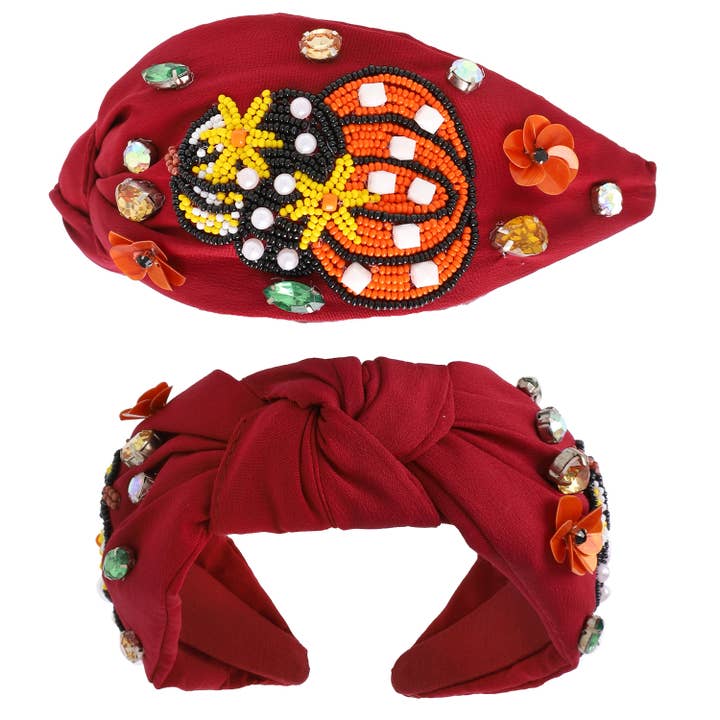 SP Sophia Collection - Wholesale Fashion Headband - Women's - Pumpkin Thanksgiving Crystal Beaded Headband0