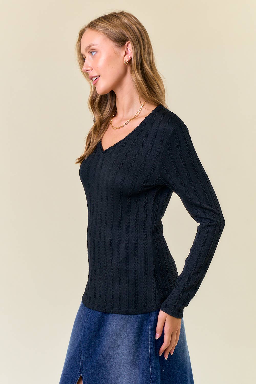 Doe and Rae - Wholesale Knit Top - Women's - Knit Lace Trimmed V-Neck Long Sleeve Tee - 44715T7