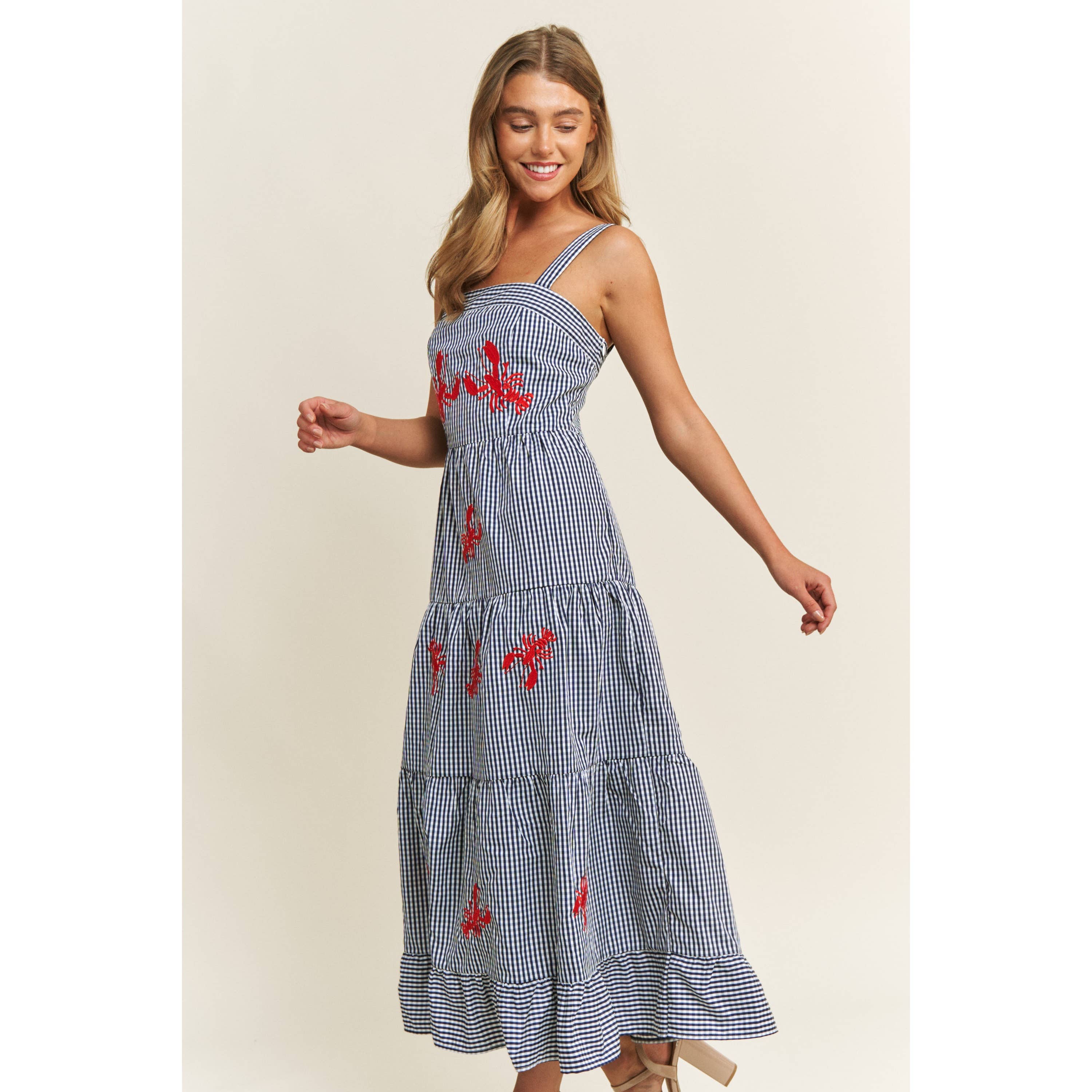 Bleu Multi ROBE MIDI À VOLANTS EN GINGHAM AVEC BRODERIE DE JOLI HOMARD en vente sur Faire10