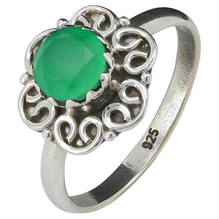 Faceted Green Onyx Flower Style Silver Ring for wholesale by Amberman