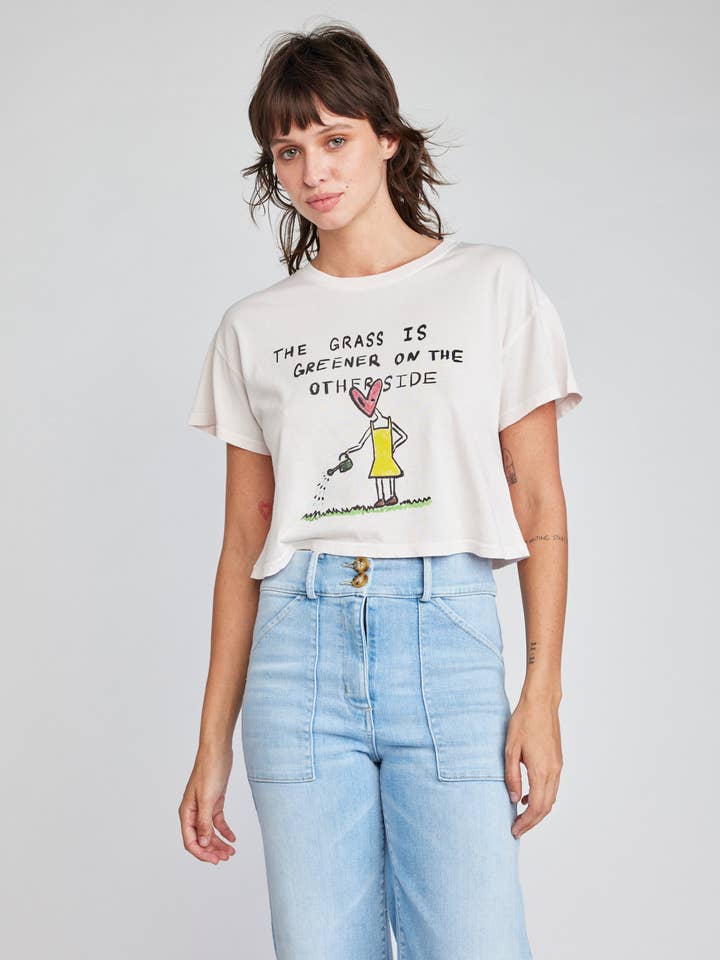 The Grass is Powder Pink Drew, Crop T-Shirt for wholesale on Faire