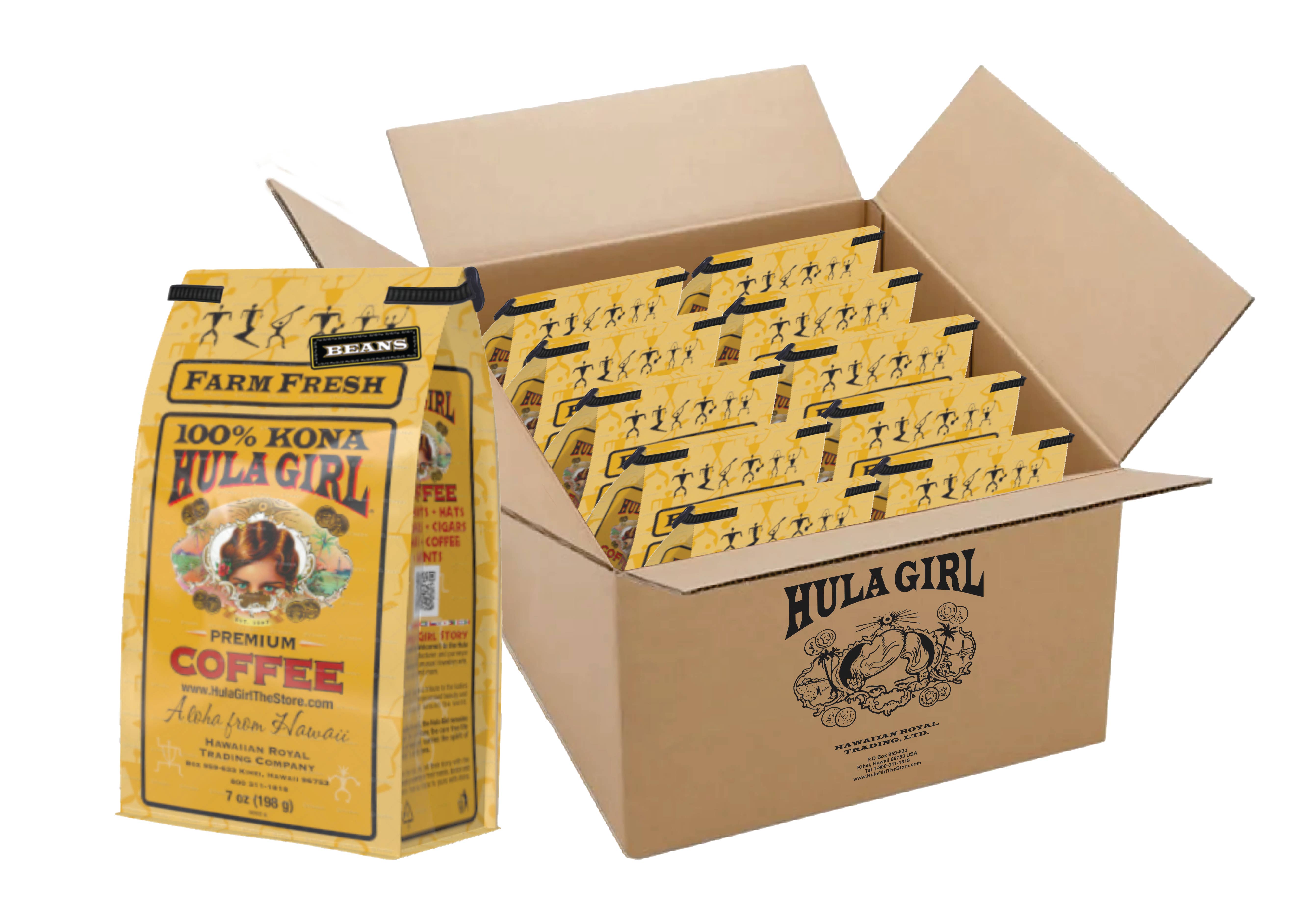 Hula Girl Products - Wholesale Coffee Beans - Hula Girl 100% Kona Coffee 7oz(198g) – Box of 6/10/20 Bags1