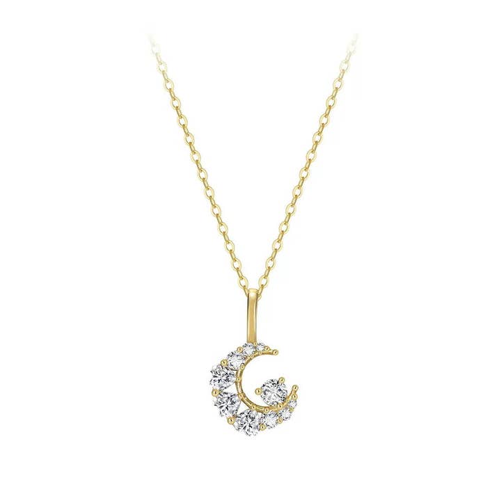 Crescent Moon CZ Pendant Necklace – 925 Sterling Silver, Gold Plated for wholesale by Starlight Jewelry