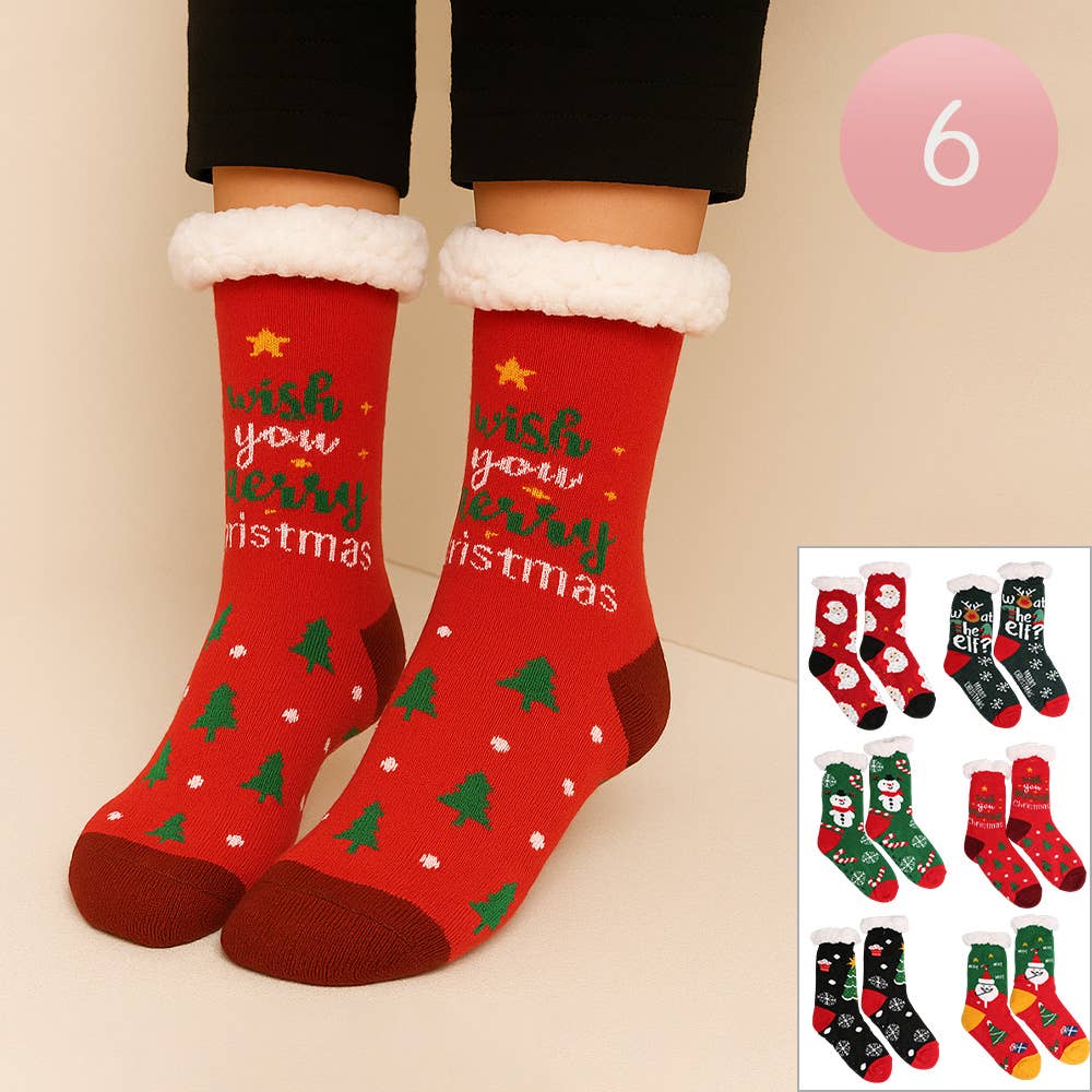 Sensibling Corp. - Wholesale Socks - Women's - 6Pairs - Non-Slip Christmas Plush Sherpa Slipper Socks0