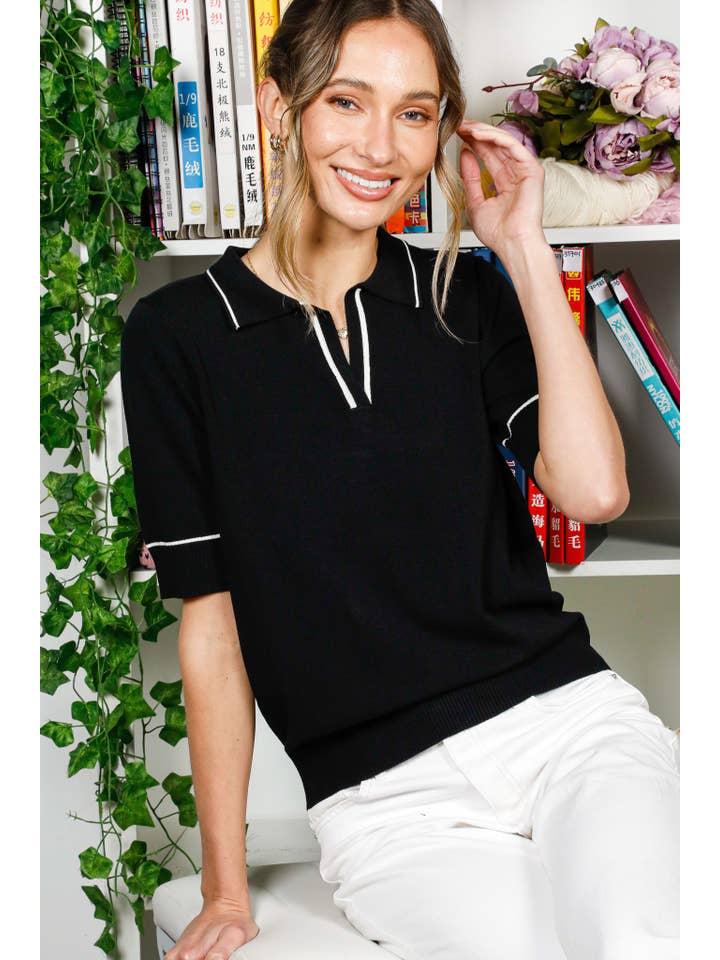 Vine & Love - Wholesale Knit Sweater - Women's - Polo Neck Short Sleeve Knitted Sweater Top VT822724