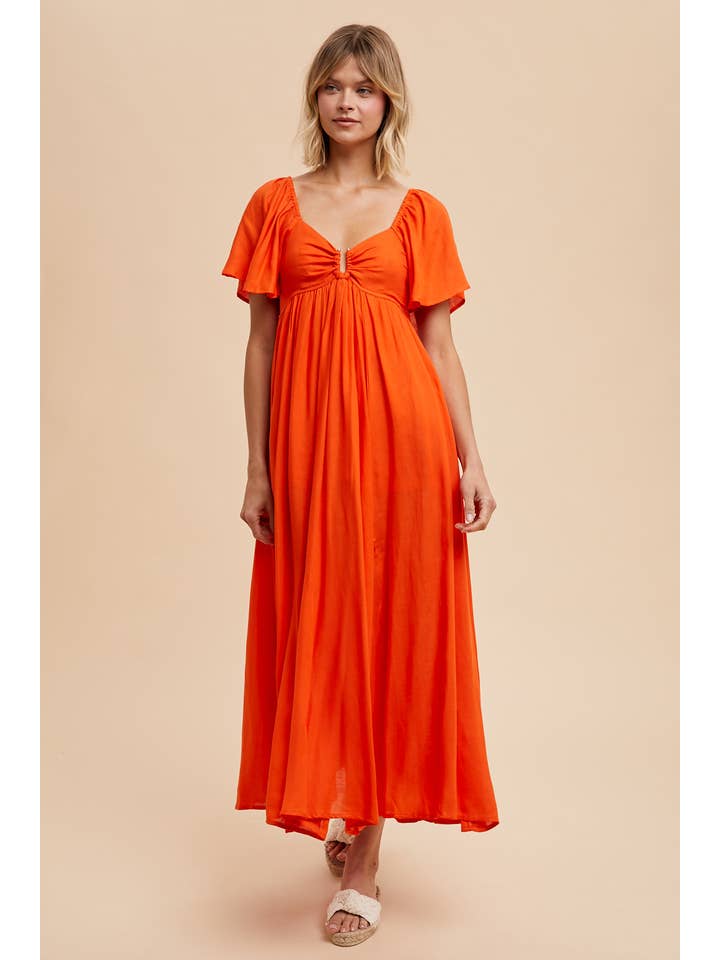 In Loom - Wholesale Dress - Women's - LINEN TENCEL FLUTTER SLEEVE MAXI DRESS WITH GOLD NOTCH